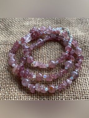 Strawberry quartz beads & chip quartz Crystal, spacers Necklace unique design